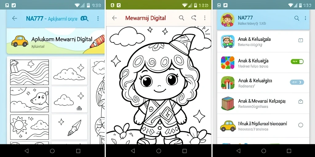 Tampilan antarmuka aplikasi Mewarnai Digital NA777 yang ceria dan interaktif.