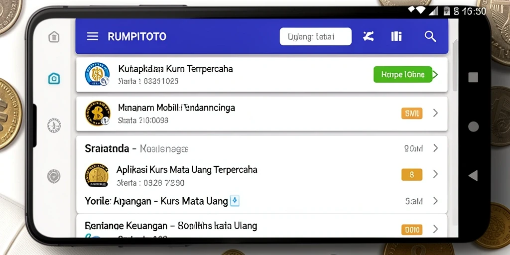 Screenshot aplikasi RUMPITOTO menampilkan antarmuka Kurs Mata Uang yang user-friendly.